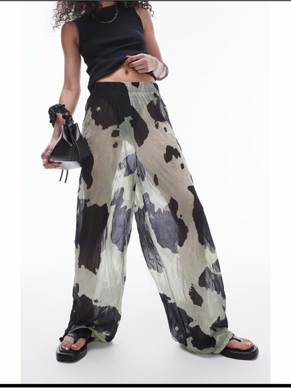Topshop Crinkle Wide Leg Pants Sage Black Abstract Print Pull On M